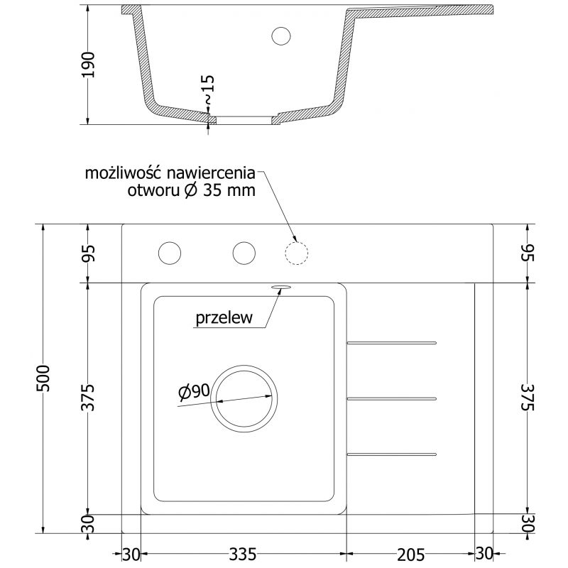 Mexen Ben granitinė vienos kameros plautuvė su nutekėjimu, kairė 600 x 500 mm juoda/sidabrinė metalikas sifonas juodas