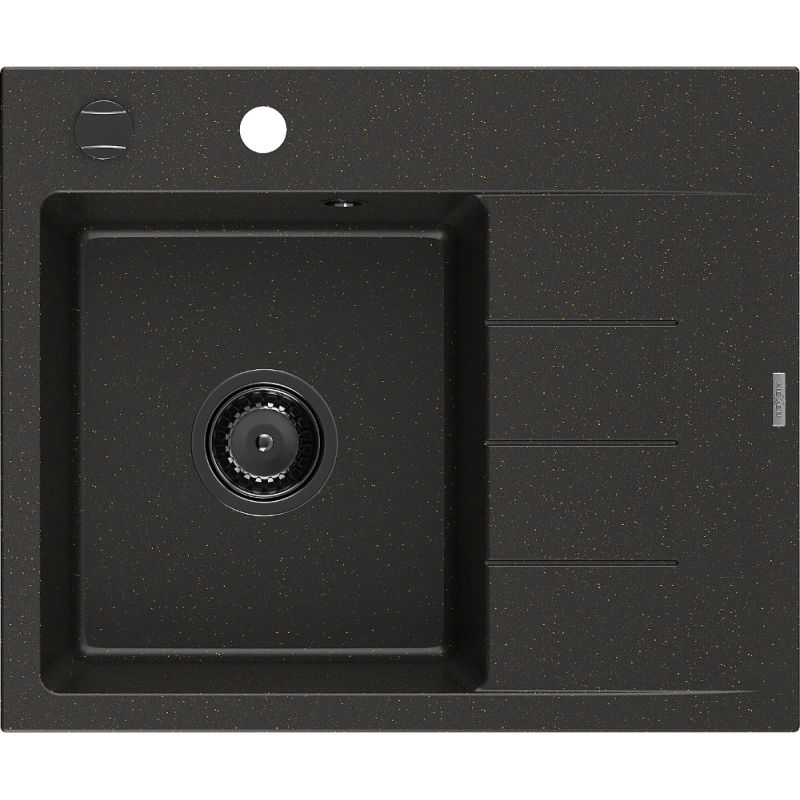 Mexen Ben granitinė vienos sekcijos virtuvės kriauklė su drenažu, kairė 600 x 500 mm, juoda/auksinė metalo spalva, juodas