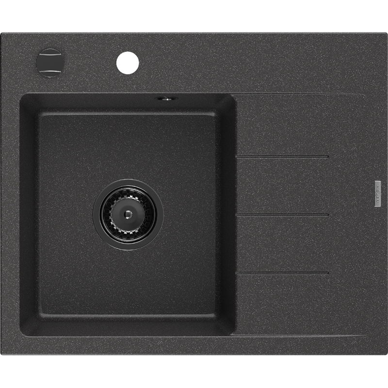 Mexen Ben granitinė vienos sekcijos plautuvė su nutekėjimu, kairinė 600 x 500 mm, juoda taškuota, sifonas juodas