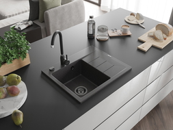 Mexen Ben granitinė vienos sekcijos plautuvė su nutekėjimu, kairinė 600 x 500 mm, juoda taškuota, sifonas juodas