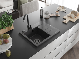 Mexen Ben granitinis virtuvės plautuvė su nutekėjimu kairėje 600 x 500 mm, juodas taškuotas, juodas sifonas - 6522605000-76-B