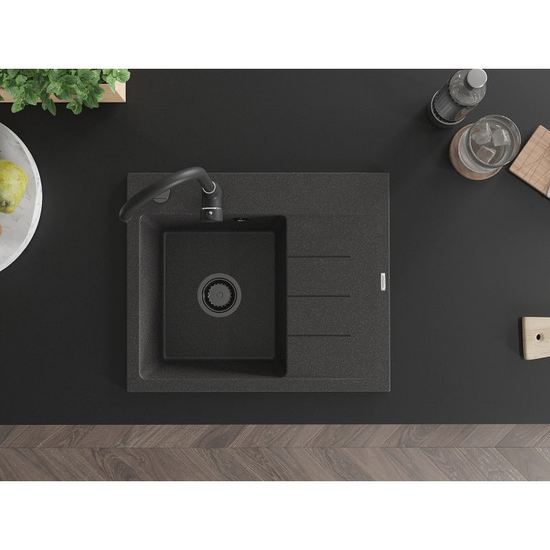 Mexen Ben granitinė vienos sekcijos plautuvė su nutekėjimu, kairinė 600 x 500 mm, juoda taškuota, sifonas juodas