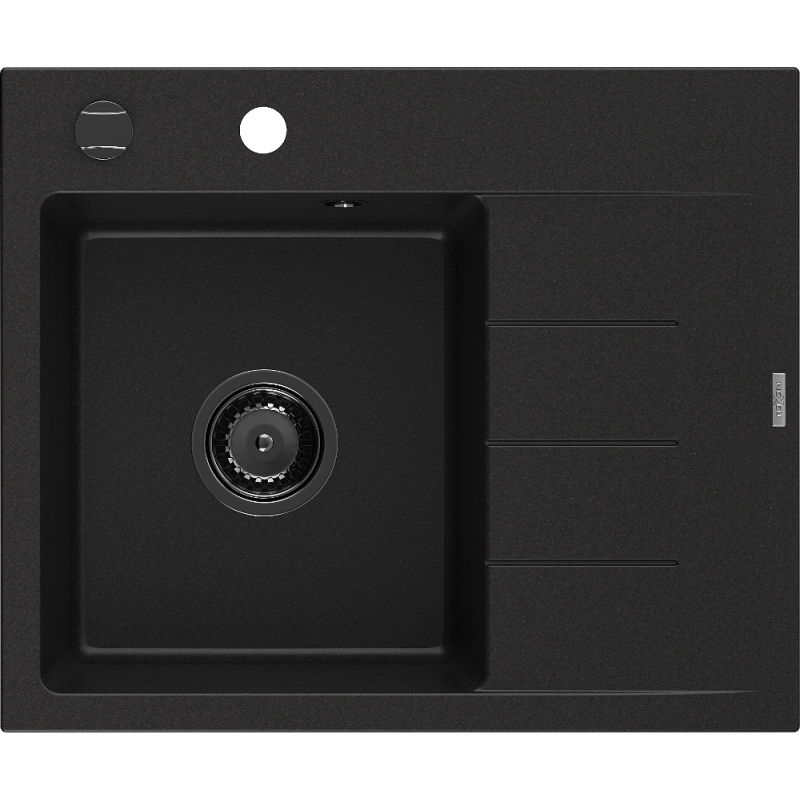Mexen Ben granitinė vienos kameros plautuvė su nuvarvėjimo kraštu, kairė 600 x 500 mm, juoda, sifonas juodas