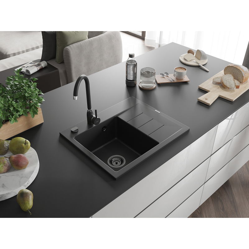 Mexen Ben granitinė vienos kameros plautuvė su nuvarvėjimo kraštu, kairė 600 x 500 mm, juoda, sifonas juodas