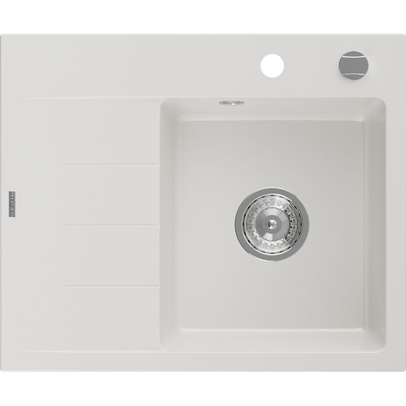 Mexen Ben granitinė vienos kameros kriauklė su nusausėjimu, dešinė 600 x 500 mm, balta, chromuotas sifonas - 6523605000-20