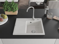 Mexen Ben granitinė vienos kameros kriauklė su nusausėjimu, dešinė 600 x 500 mm, balta, chromuotas sifonas - 6523605000-20