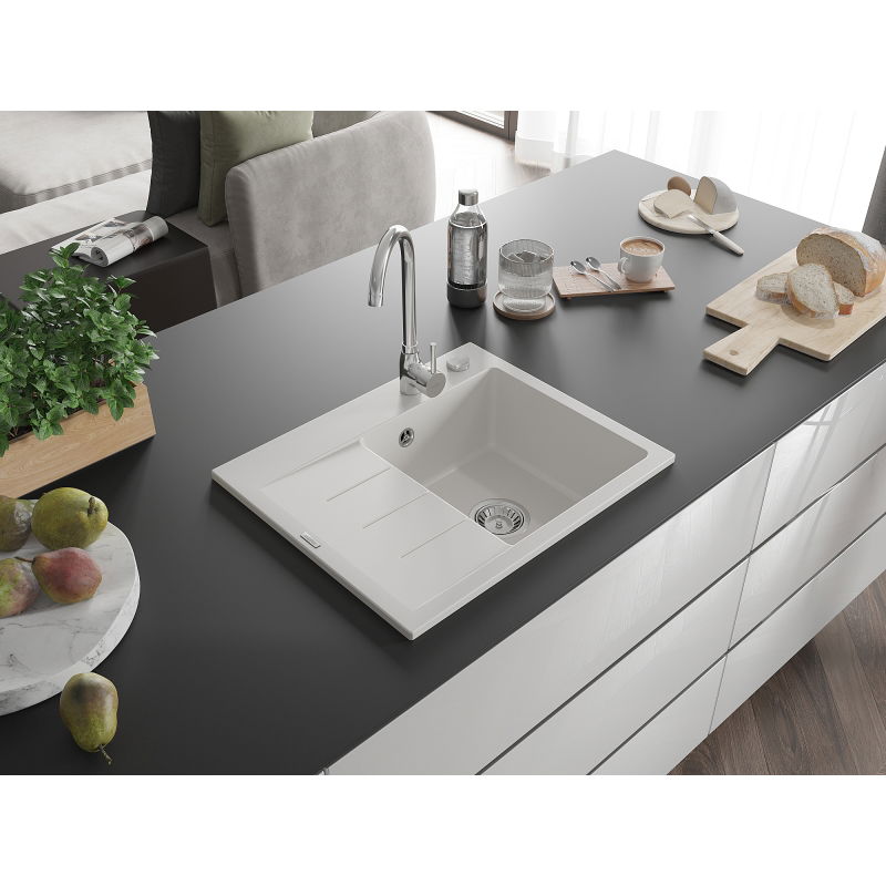 Mexen Ben granitinė vienos kameros kriauklė su nusausėjimu, dešinė 600 x 500 mm, balta, chromuotas sifonas - 6523605000-20