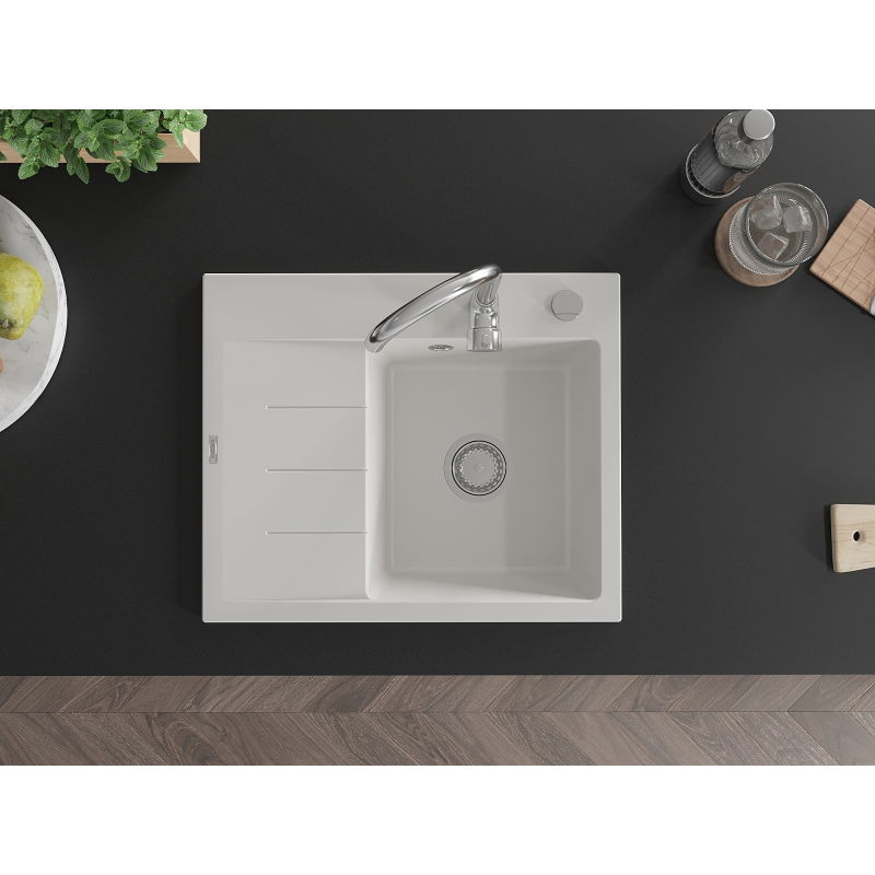 Mexen Ben granitinė vienos kameros kriauklė su nusausėjimu, dešinė 600 x 500 mm, balta, chromuotas sifonas - 6523605000-20