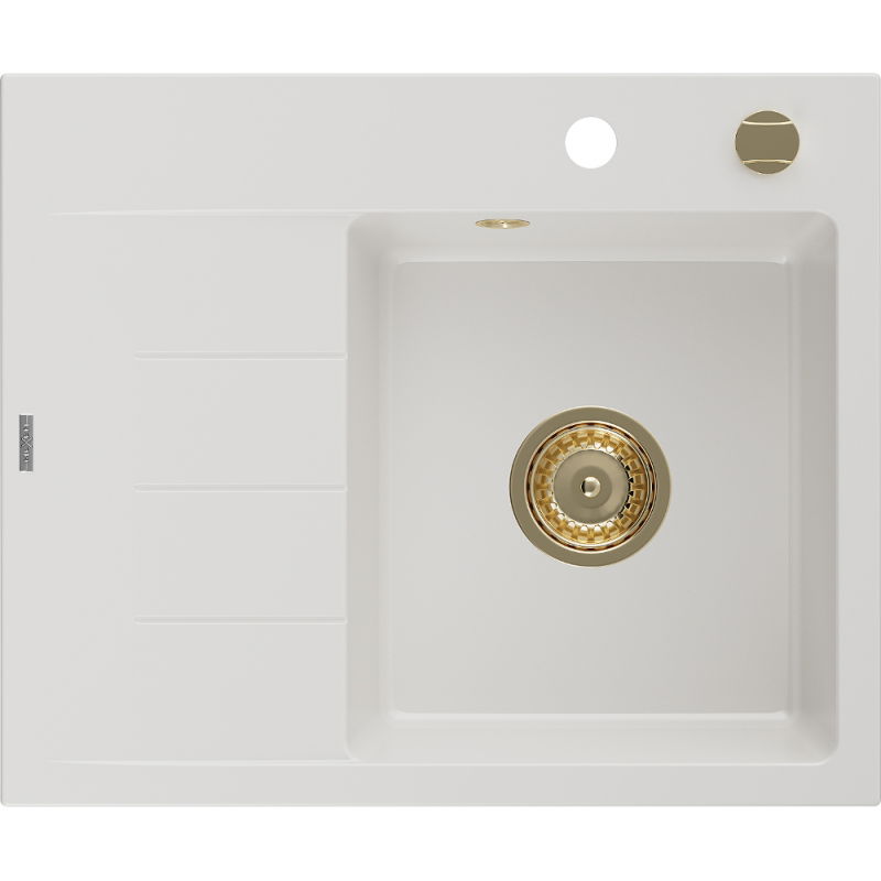 Mexen Ben granitinė plautuvė su 1 skyreliu ir nusausintuvu, dešinė 600 x 500 mm, balta, sifonas auksinis - 6523605000-20-G