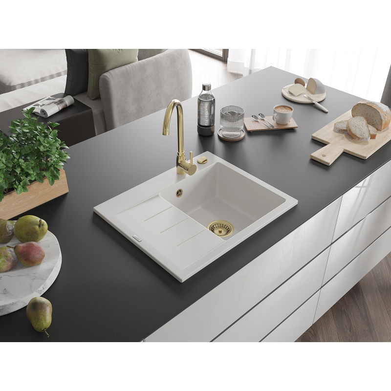 Mexen Ben granitinė plautuvė su 1 skyreliu ir nusausintuvu, dešinė 600 x 500 mm, balta, sifonas auksinis - 6523605000-20-G