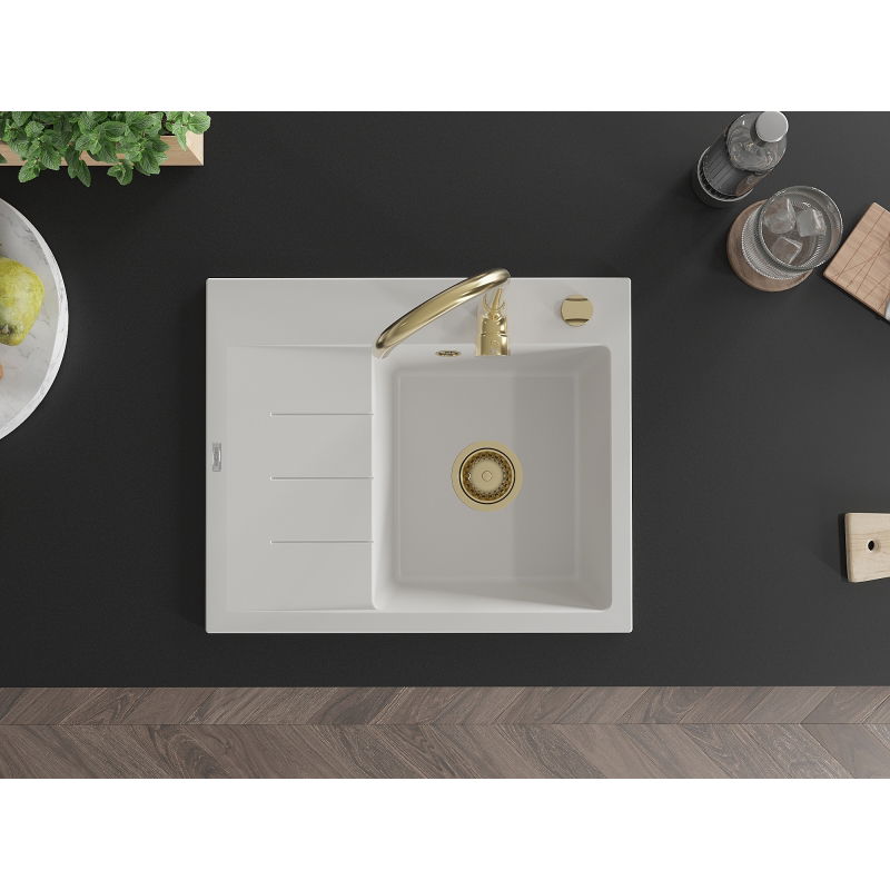 Mexen Ben granitinė plautuvė su 1 skyreliu ir nusausintuvu, dešinė 600 x 500 mm, balta, sifonas auksinis - 6523605000-20-G