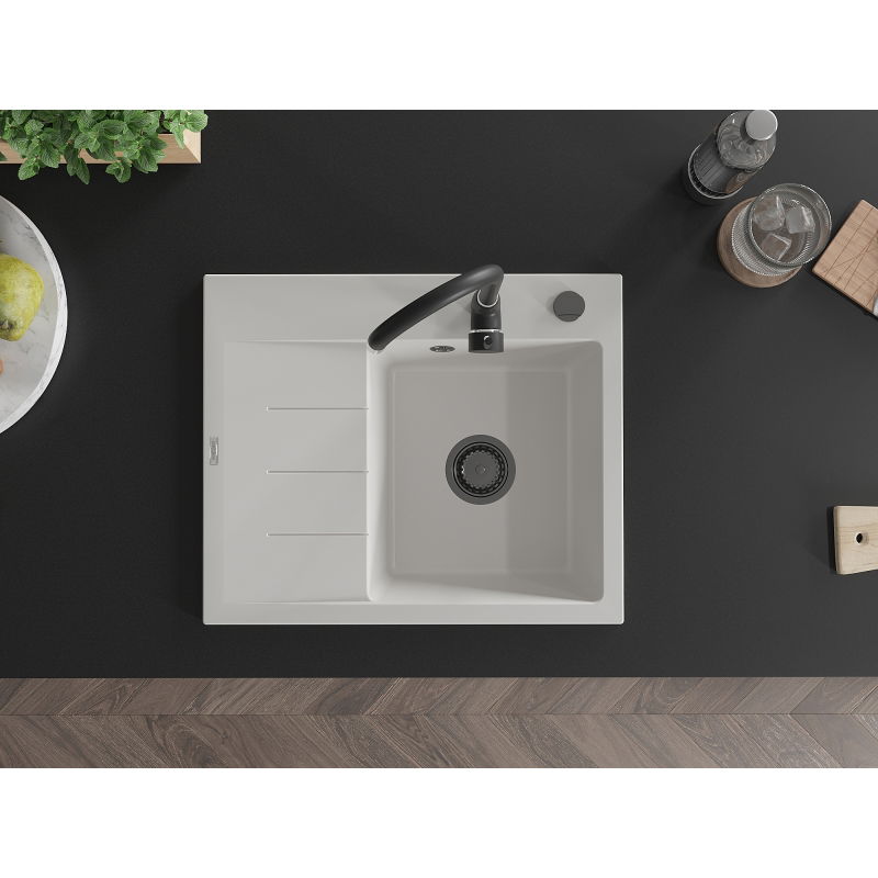 Mexen Ben granitinė vienos kameros kriauklė su nusausintuvu, dešinė 600 x 500 mm, balta, juodas sifonas - 6523605000-20-B