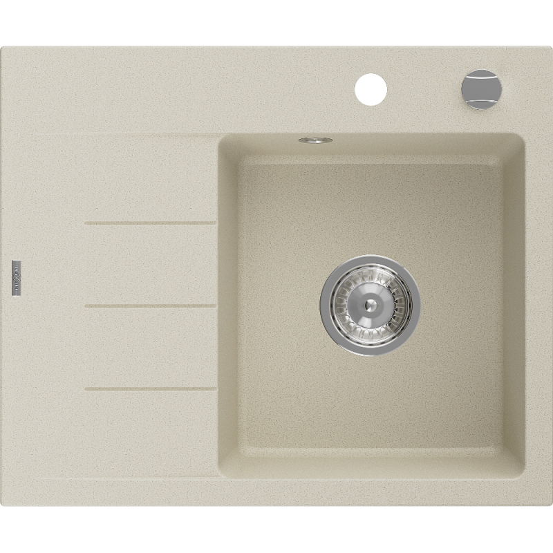 Mexen Ben granitinė vienos kameros virtuvės plautuvė su nusausintuvu, dešinė 600 x 500 mm, smėlinė, chromuotas sifonas