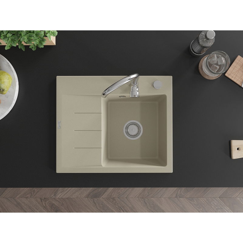 Mexen Ben granitinė vienos kameros virtuvės plautuvė su nusausintuvu, dešinė 600 x 500 mm, smėlinė, chromuotas sifonas