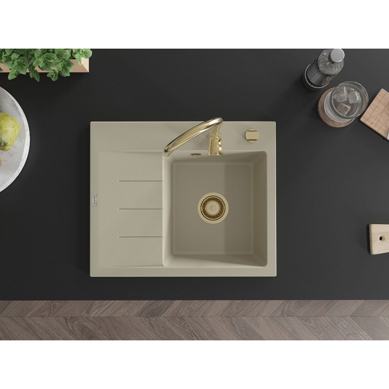 Mexen Ben granitinė vienos sekcijos kriauklė su lašintuvu, dešinė, 600 x 500 mm, smėlio spalvos, auksinis sifonas