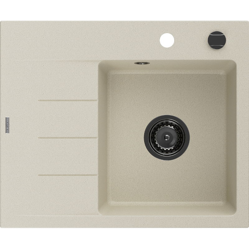 Mexen Ben granitinė virtuvės kriauklė su viena plautuve ir drip tray, dešinė, 600 x 500 mm, smėlio spalvos, juodas sifonas