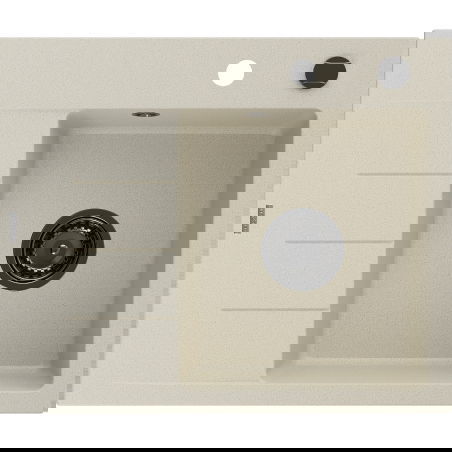 Mexen Ben granitinė virtuvės kriauklė su viena plautuve ir drip tray, dešinė, 600 x 500 mm, smėlio spalvos, juodas sifonas
