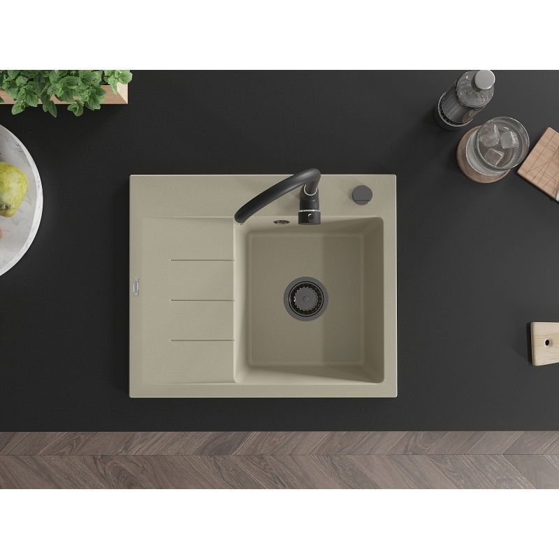 Mexen Ben granitinė virtuvės kriauklė su viena plautuve ir drip tray, dešinė, 600 x 500 mm, smėlio spalvos, juodas sifonas