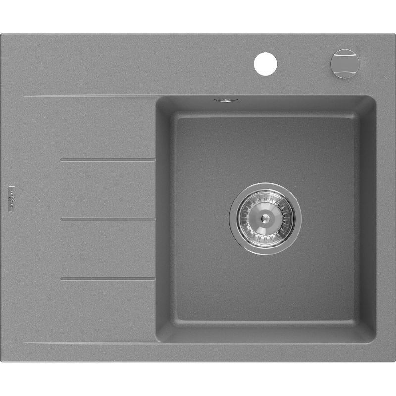 Mexen Ben granitinė vienašlysė kriauklė su nusausintuvu, dešinė, 600 x 500 mm, pilka, chromuotas sifonas - 6523605000-71