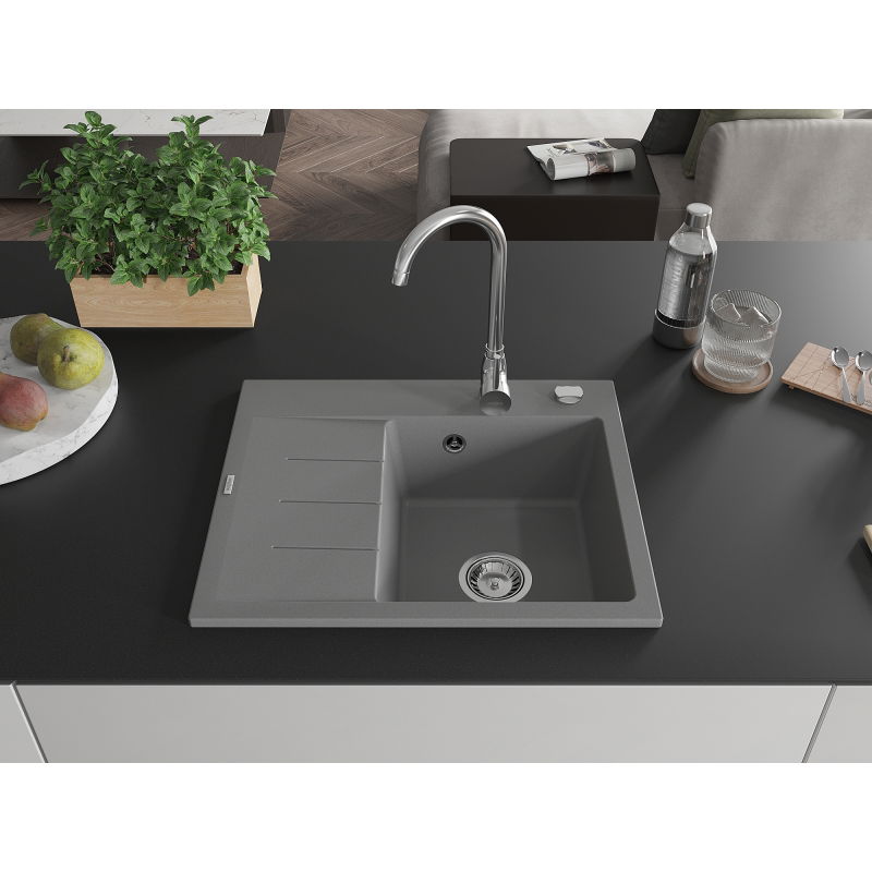 Mexen Ben granitinė vienašlysė kriauklė su nusausintuvu, dešinė, 600 x 500 mm, pilka, chromuotas sifonas - 6523605000-71