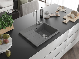 Mexen Ben granitinė vienašlysė kriauklė su nusausintuvu, dešinė, 600 x 500 mm, pilka, chromuotas sifonas - 6523605000-71