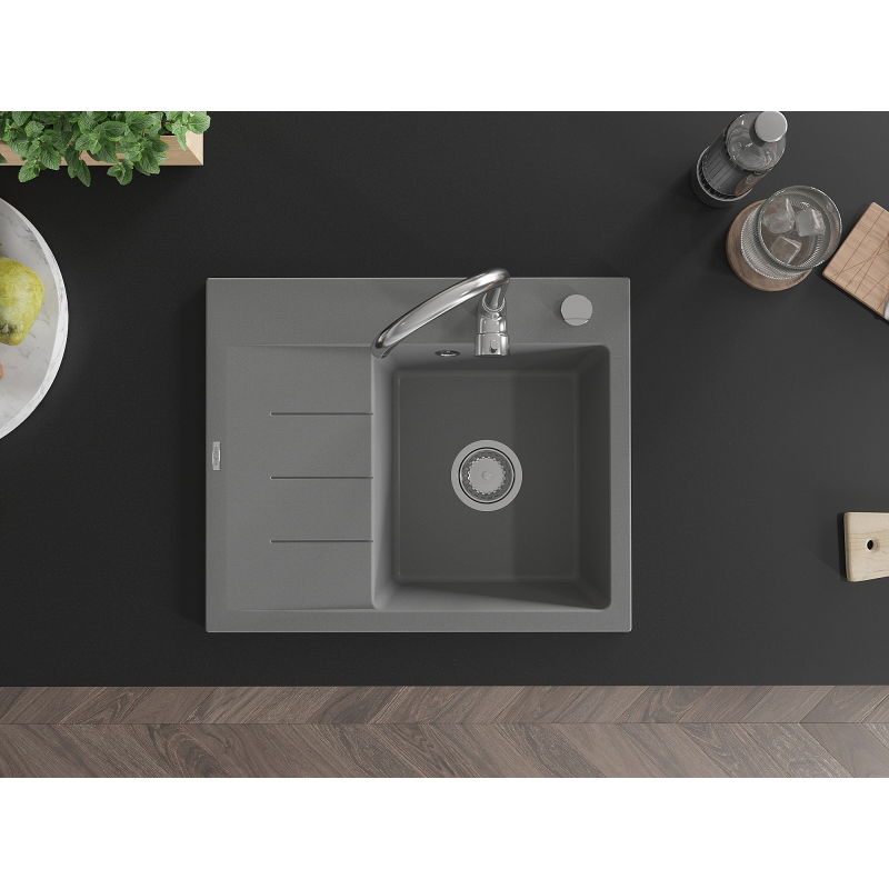 Mexen Ben granitinė vienašlysė kriauklė su nusausintuvu, dešinė, 600 x 500 mm, pilka, chromuotas sifonas - 6523605000-71