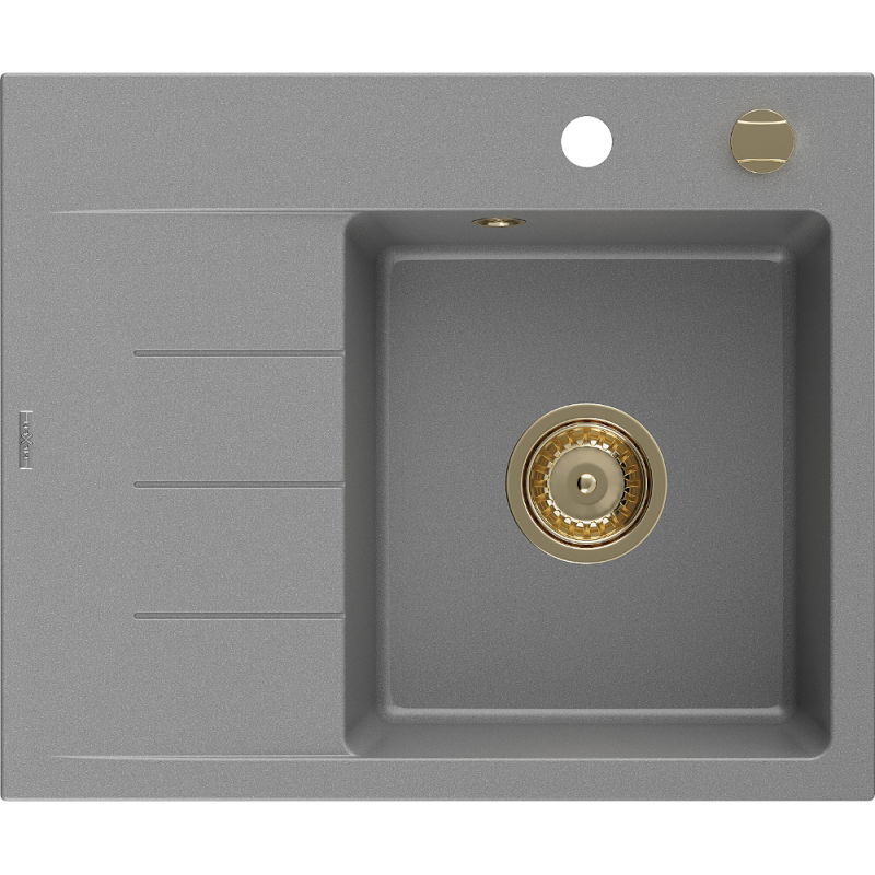 Mexen Ben granito virtuvės kriauklė su viena kamera ir nutekėjimo vieta, dešinė, 600 x 500 mm, pilka, auksinis sifonas