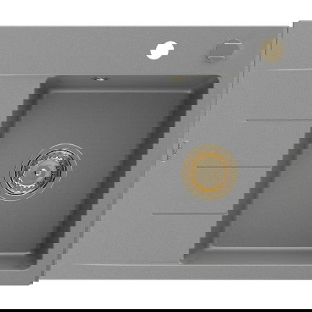 Mexen Ben granito virtuvės kriauklė su viena kamera ir nutekėjimo vieta, dešinė, 600 x 500 mm, pilka, auksinis sifonas