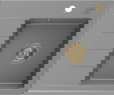 Mexen Ben granito virtuvės kriauklė su viena kamera ir nutekėjimo vieta, dešinė, 600 x 500 mm, pilka, auksinis sifonas