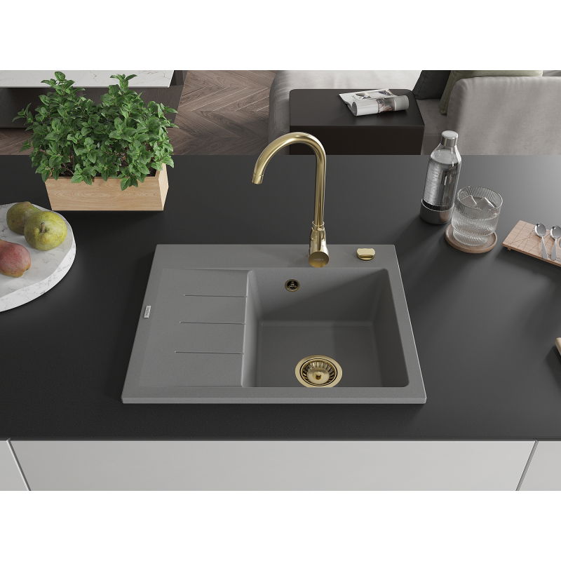 Mexen Ben granito virtuvės kriauklė su viena kamera ir nutekėjimo vieta, dešinė, 600 x 500 mm, pilka, auksinis sifonas