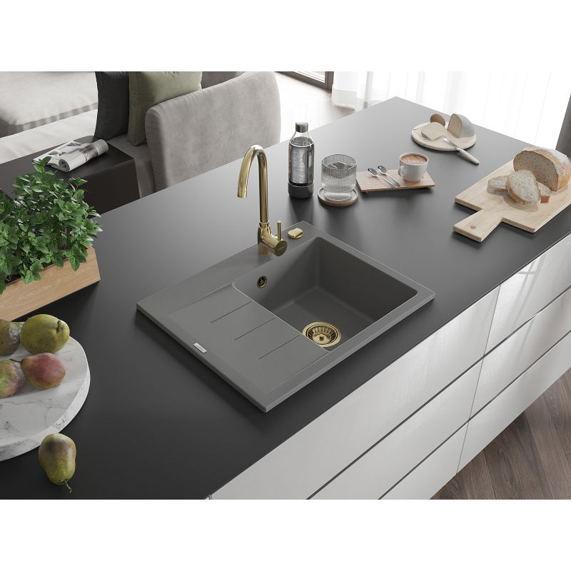 Mexen Ben granito virtuvės kriauklė su viena kamera ir nutekėjimo vieta, dešinė, 600 x 500 mm, pilka, auksinis sifonas