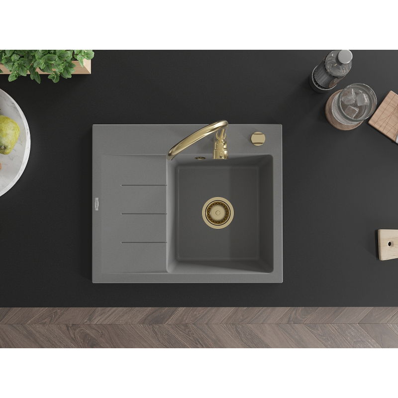 Mexen Ben granito virtuvės kriauklė su viena kamera ir nutekėjimo vieta, dešinė, 600 x 500 mm, pilka, auksinis sifonas