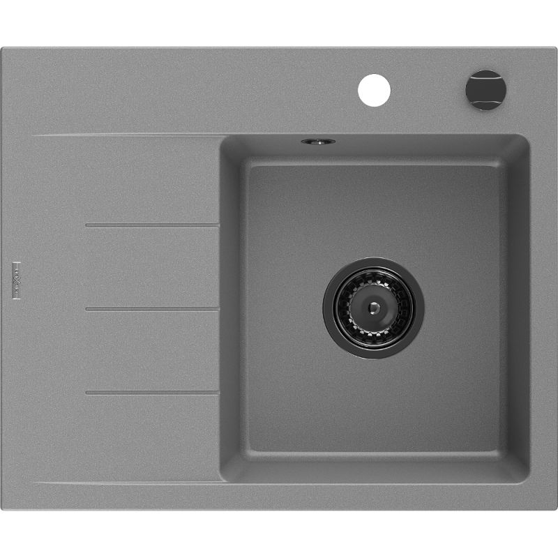 Mexen Ben granitinė vienos plautuvės kriauklė su nusausintuvu, dešinė, 600 x 500 mm, pilka, juodas sifonas