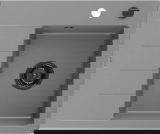 Mexen Ben granitinė vienos plautuvės kriauklė su nusausintuvu, dešinė, 600 x 500 mm, pilka, juodas sifonas