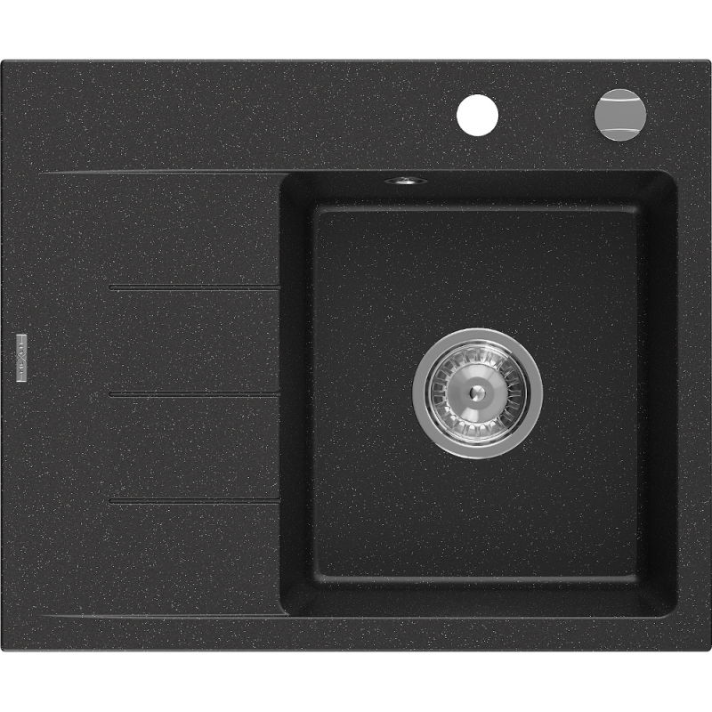 Mexen Ben granitinė vienos kameros plautuvė su nutekamu, dešinė 600 x 500 mm, juodas/sidabrinis metalikas, chrom sifonas