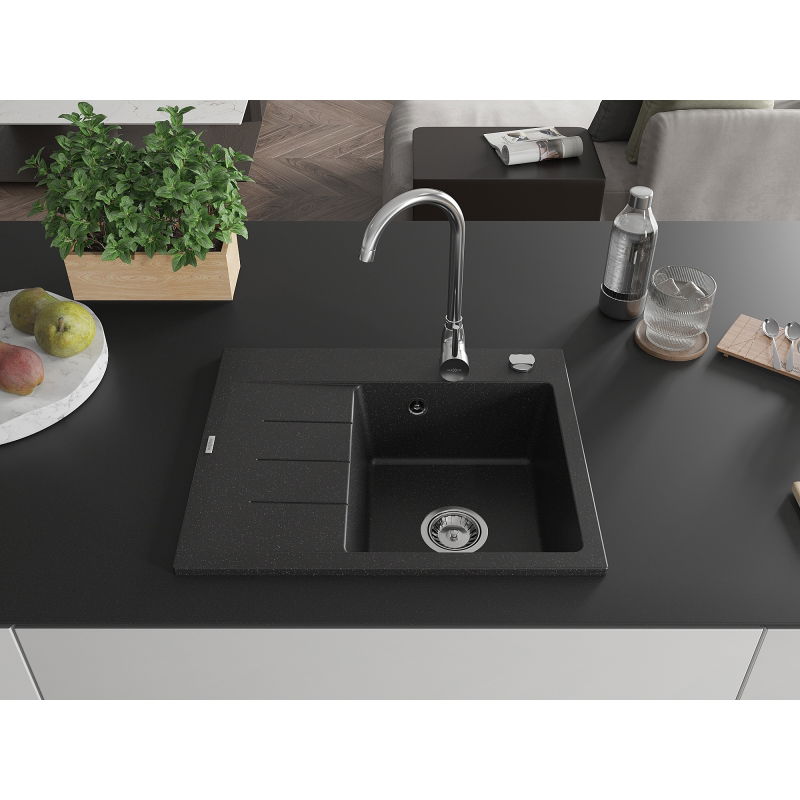Mexen Ben granitinė vienos kameros plautuvė su nutekamu, dešinė 600 x 500 mm, juodas/sidabrinis metalikas, chrom sifonas