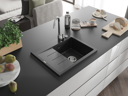 Mexen Ben granitinė vienos kameros plautuvė su nutekamu, dešinė 600 x 500 mm, juodas/sidabrinis metalikas, chrom sifonas