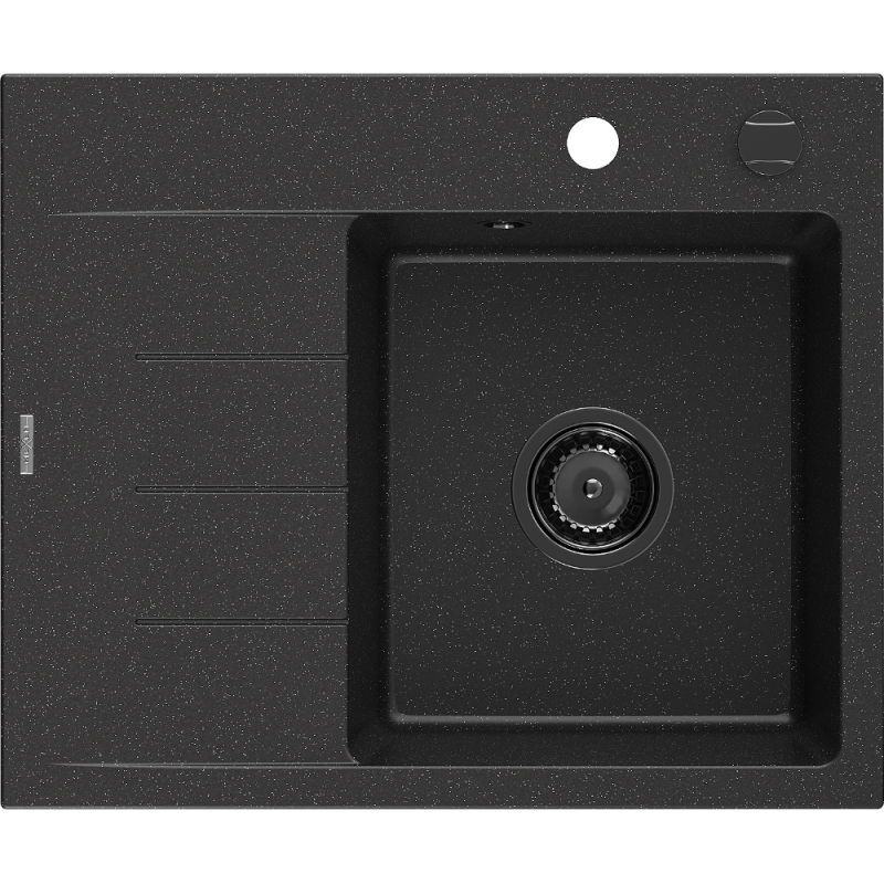 Mexen Ben vienos plautuvės granito kriauklė su nusausinimo plokštuma, dešinė, 600x500 mm, juoda/sidabrinė metalo spalva,