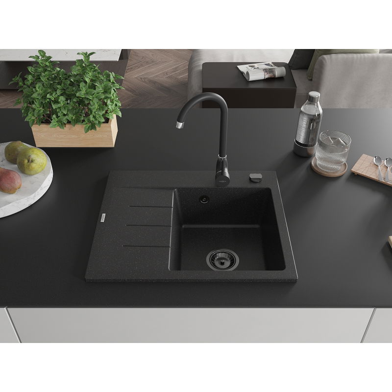 Mexen Ben vienos plautuvės granito kriauklė su nusausinimo plokštuma, dešinė, 600x500 mm, juoda/sidabrinė metalo spalva,