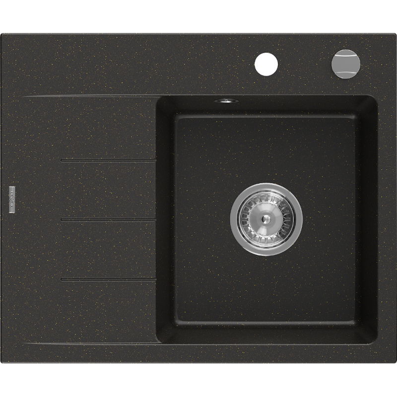 Mexen Ben granitinė plautuvė su viena kamera ir nutekėjimu, dešinysis 600 x 500 mm, juoda/auksinė metalo, chromuotas