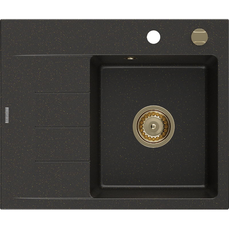 Mexen Ben 1 sekcijos granitinė kriauklė su nuvarvėjimo zona, dešinė, 600 x 500 mm, juoda/auksinė metalik, sifonas auksinis