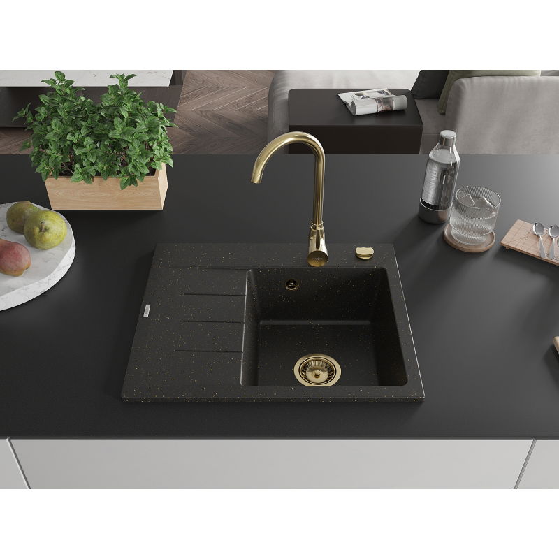 Mexen Ben 1 sekcijos granitinė kriauklė su nuvarvėjimo zona, dešinė, 600 x 500 mm, juoda/auksinė metalik, sifonas auksinis