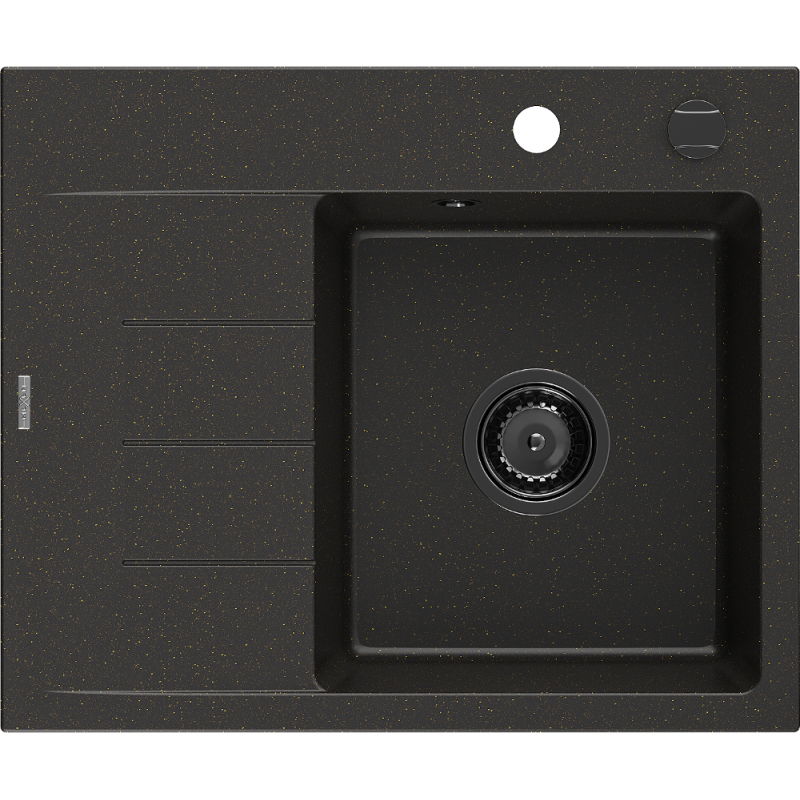 Mexen Ben granitinė vienos plautuvės plautuvė su lašintuvu, dešinė 600 x 500 mm, juoda/auksinė metaliko sifonas juodas