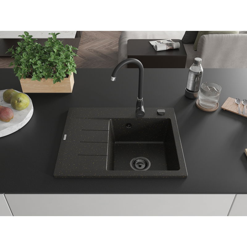 Mexen Ben granitinė vienos plautuvės plautuvė su lašintuvu, dešinė 600 x 500 mm, juoda/auksinė metaliko sifonas juodas