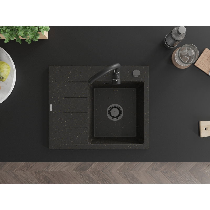 Mexen Ben granitinė vienos plautuvės plautuvė su lašintuvu, dešinė 600 x 500 mm, juoda/auksinė metaliko sifonas juodas