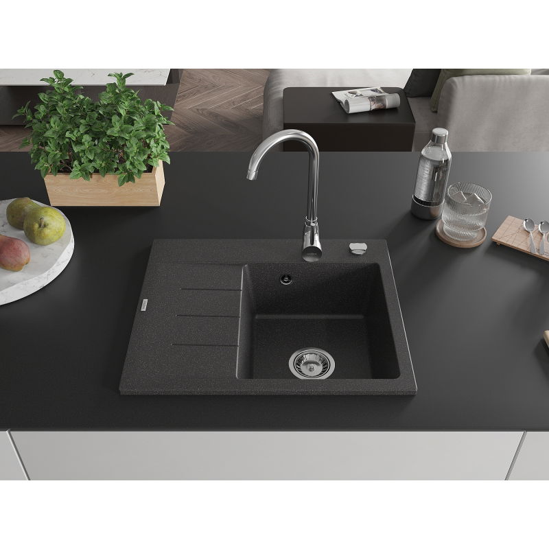 Mexen Ben granitinė plautuvė su lašintuvu, vienos kameros, dešinė, 600 x 500 mm, juoda taškuota, chromuotas sifonas