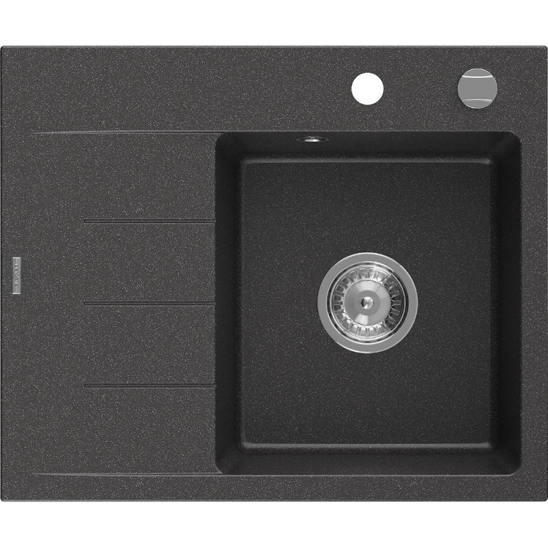Mexen Ben granitinė plautuvė su lašintuvu, vienos kameros, dešinė, 600 x 500 mm, juoda taškuota, chromuotas sifonas