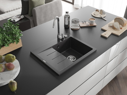 Mexen Ben granitinė plautuvė su lašintuvu, vienos kameros, dešinė, 600 x 500 mm, juoda taškuota, chromuotas sifonas