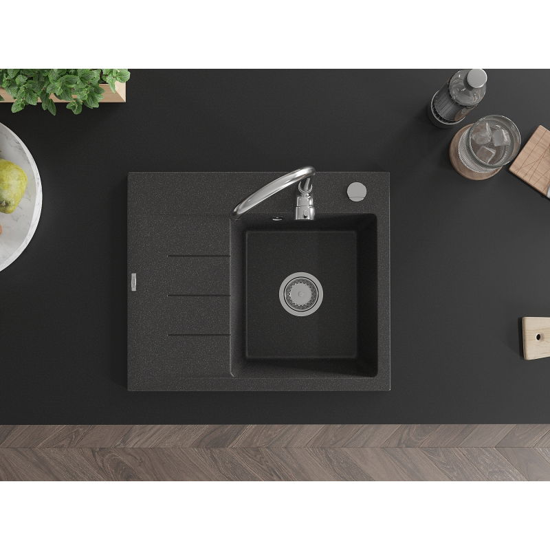 Mexen Ben granitinė plautuvė su lašintuvu, vienos kameros, dešinė, 600 x 500 mm, juoda taškuota, chromuotas sifonas