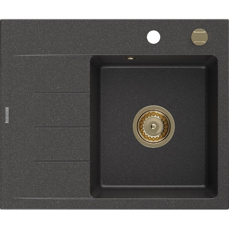 Mexen Ben granitinė vienaaukštė kriauklė su nutekėjimu, dešinė 600 x 500 mm, juoda taškuota, auksinis sifonas
